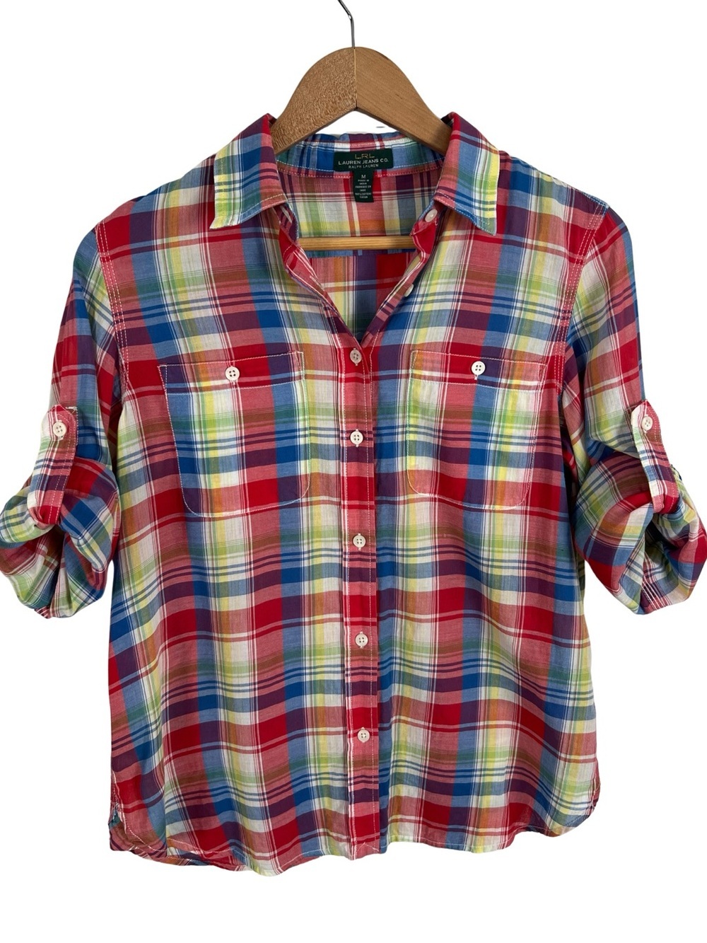 Lauren Ralph Lauren Jeans Co Plaid Button Front Shirt Womens M Roll Tab Cotton